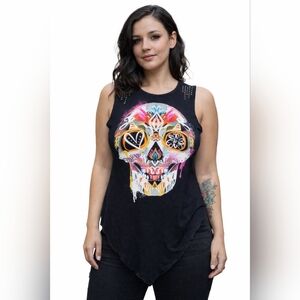 Ayguey Black Calavera Skull Graffic Tee, Women's Size XL